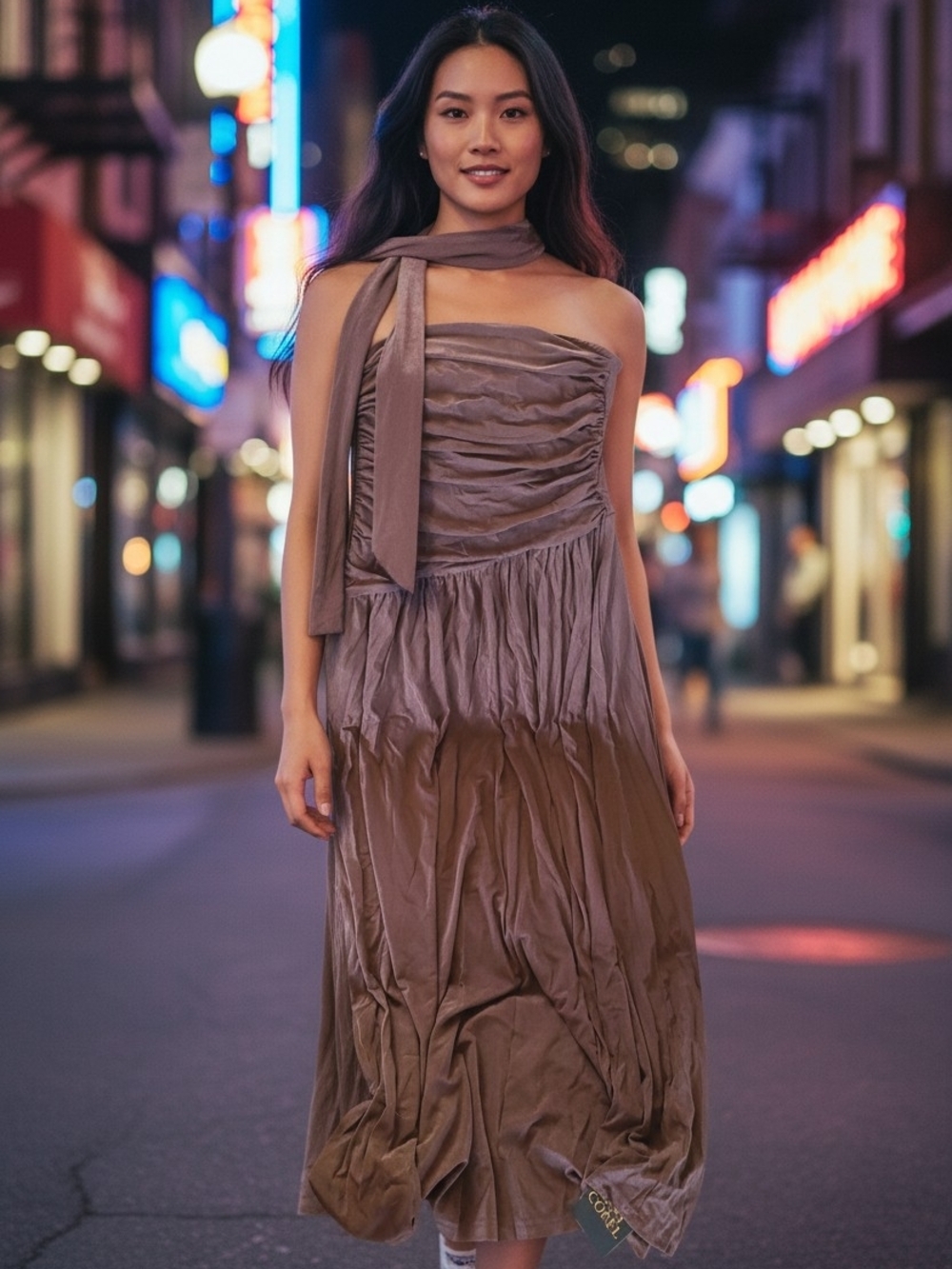 Strapless Taupe Ruched Midi Dress with Scarf